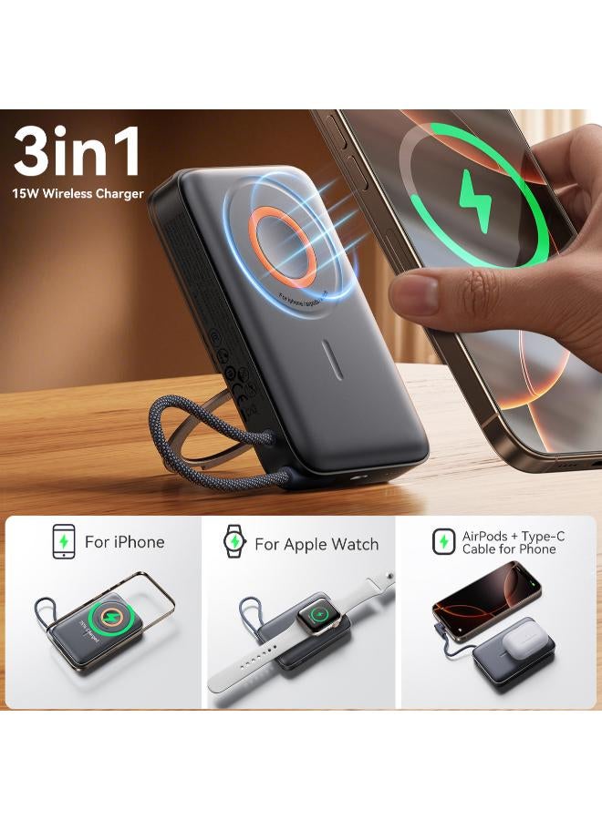 JOYROOM 10000 mAh 10,000 mAh 38.5 W (22.5 W Fast Wired Charging, Up to 15 W Wireless MagSafe Charging, and a 5 W Watch-Power Mode) 3‑in‑1 Magnetic Power Bank - Black - Image 2
