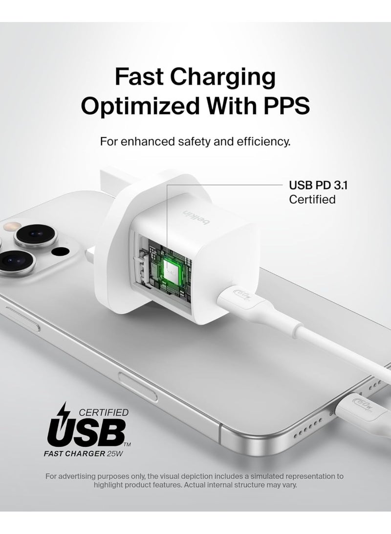 belkin USB-C Plug 25W - USB-C Phone Charger PD 3.0 Fast Charging with PPS for Apple iPhone 17, iPhone Air, iPhone 16, Samsung Galaxy S25, Pixel 10, Nintendo Switch, & More - White - Image 4