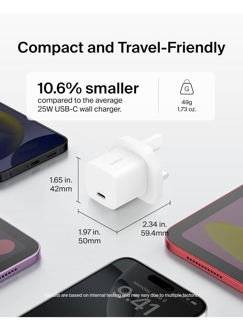 belkin USB-C Plug 25W - USB-C Phone Charger PD 3.0 Fast Charging with PPS for Apple iPhone 17, iPhone Air, iPhone 16, Samsung Galaxy S25, Pixel 10, Nintendo Switch, & More - White - Image 2