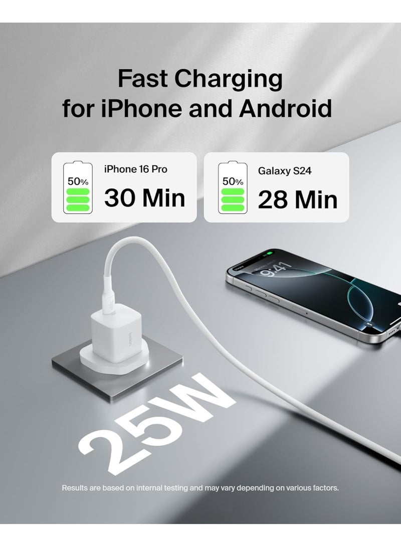 belkin USB-C Plug 25W - USB-C Phone Charger PD 3.0 Fast Charging with PPS for Apple iPhone 17, iPhone Air, iPhone 16, Samsung Galaxy S25, Pixel 10, Nintendo Switch, & More - White - Image 3