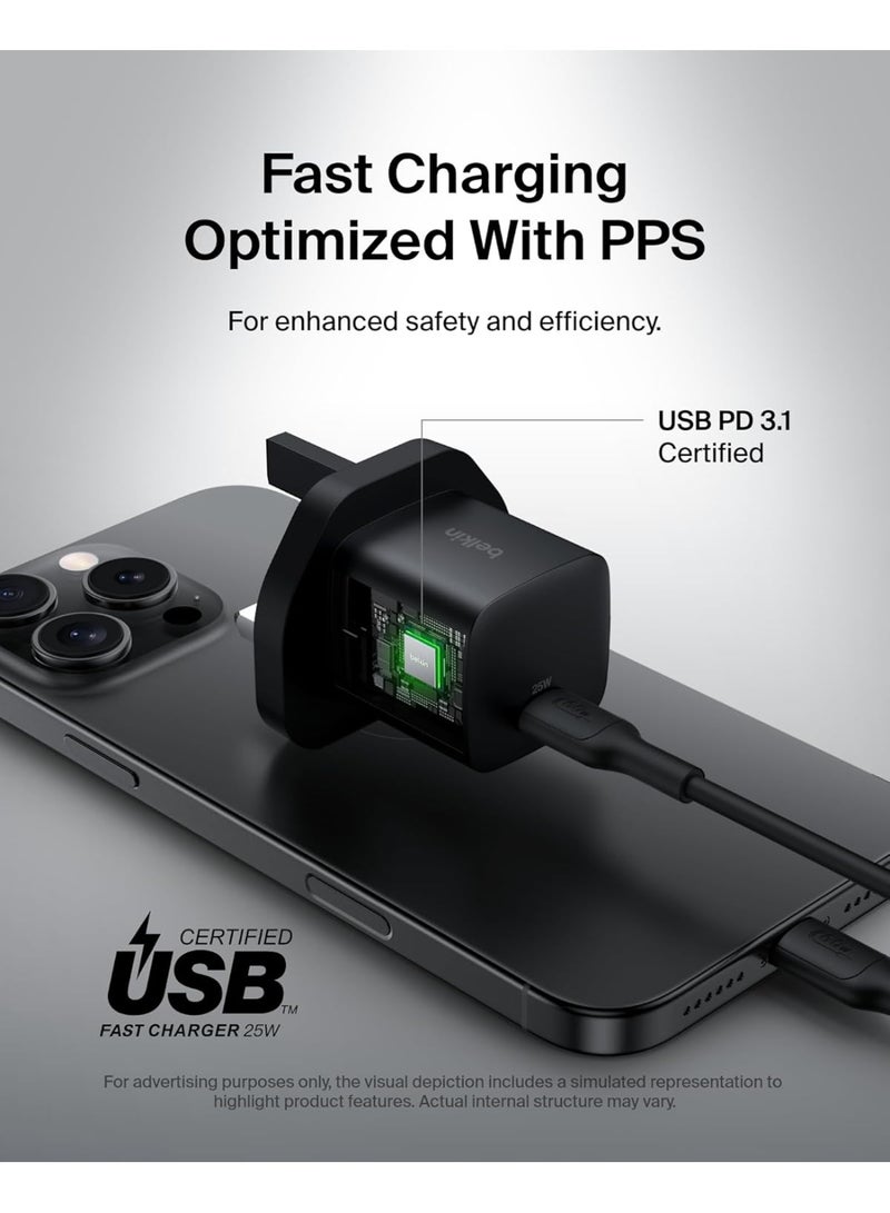 belkin USB-C Plug 25W - USB-C Phone Charger PD 3.0 Fast Charging with PPS for Apple iPhone 17, iPhone Air, iPhone 16, Samsung Galaxy S25, Pixel 10, Nintendo Switch, & More - Black - Image 4