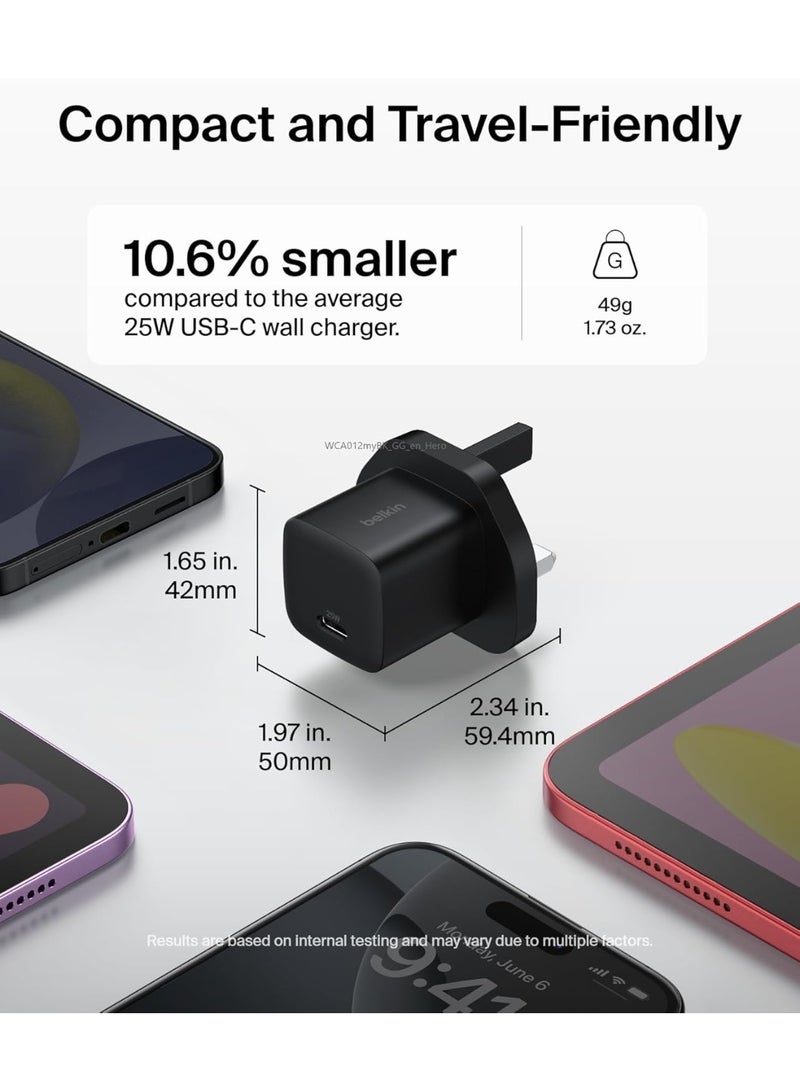 belkin USB-C Plug 25W - USB-C Phone Charger PD 3.0 Fast Charging with PPS for Apple iPhone 17, iPhone Air, iPhone 16, Samsung Galaxy S25, Pixel 10, Nintendo Switch, & More - Black - Image 2