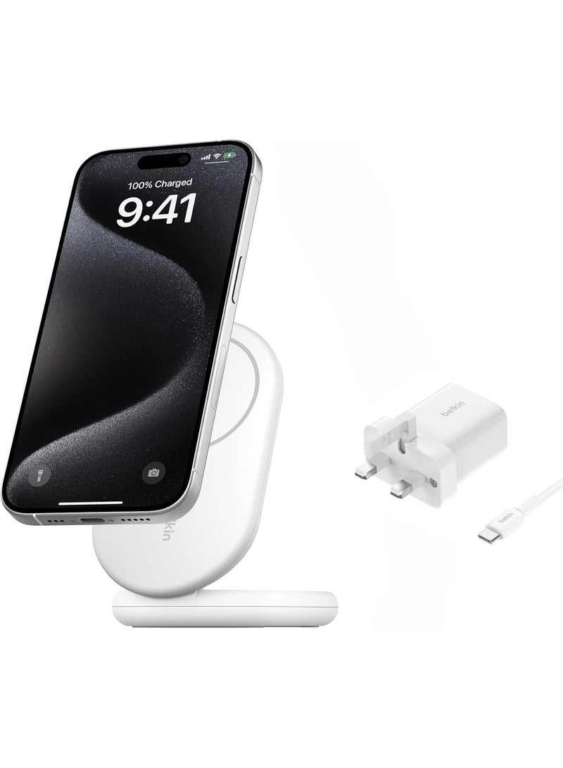 belkin Fast Charge MagSafe Charger, Magnetic Foldable Wireless Charging Stand 15W, MagSafe-Compatible Portable Fast Charger for Qi2, iPhone 16, 15 & 14 Series, Standy Mode Ready, PSU Included - White - Image 1