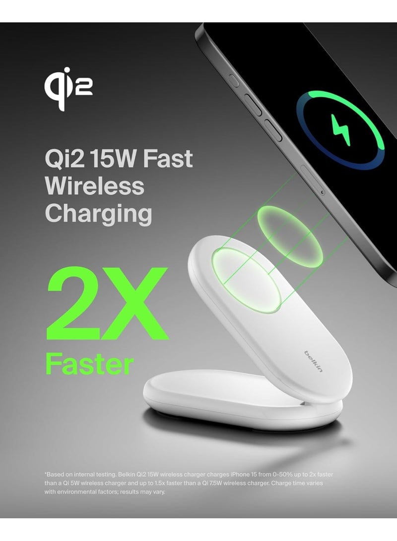 belkin Fast Charge MagSafe Charger, Magnetic Foldable Wireless Charging Stand 15W, MagSafe-Compatible Portable Fast Charger for Qi2, iPhone 16, 15 & 14 Series, Standy Mode Ready, PSU Included - White - Image 3