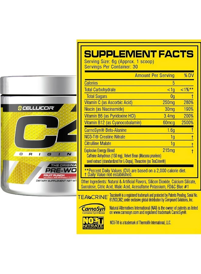سيلوكور مسحوق C4 الأصلي قبل التمرين فيتامين C لدعم المناعة خالي من السكر طاقة قبل التمرين للرجال والنساء - 150 ملغ كافيين بيتا ألانين كرياتين نكهة فواكه، 30 حصة (قد يختلف التعبئة) - Image 3