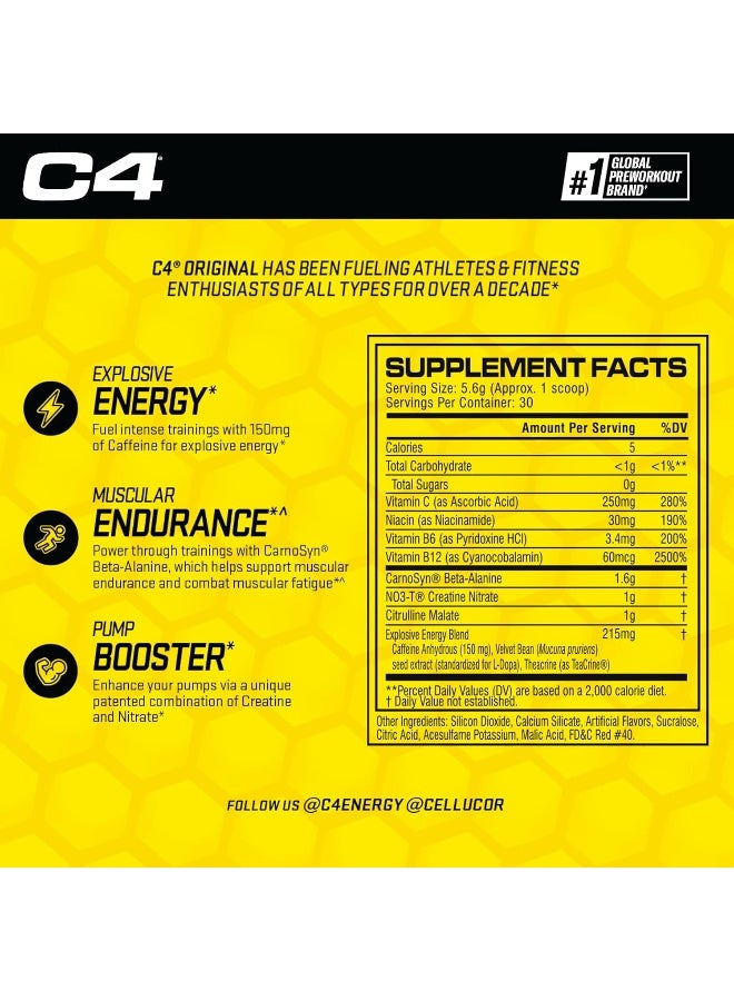 سيلوكور مسحوق C4 الأصلي قبل التمرين بنكهة البطيخ خالي من السكر مكمل طاقة للرجال والنساء 150 ملغ كافيين + بيتا ألانين + كرياتين، 30 حصة - Image 3