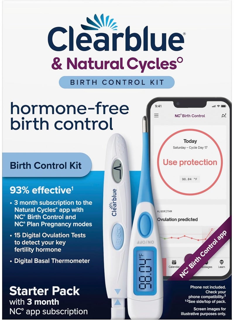 Clearblue & Natural Cycles Hormone-Free Birth Control Kit Starter Pack, 3 Month Subscription to The Natural Cycles app, 15 Digital Ovulation Tests, 1 Digital Basal Thermometer - Image 1