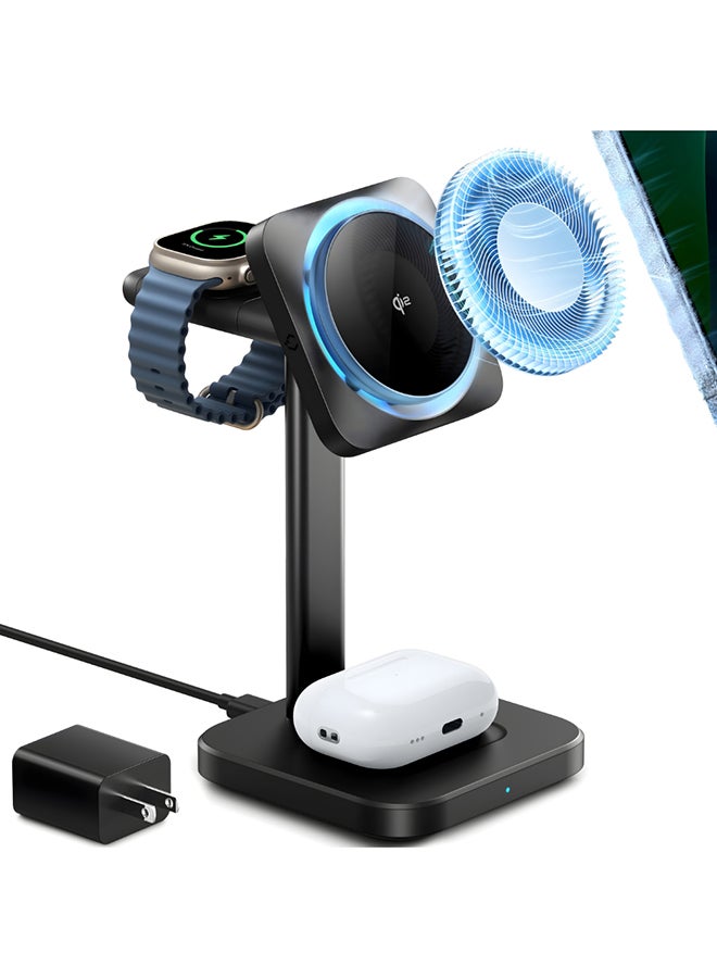 ESR for MagSafe Charger Stand, 3 in 1 Charging Station with CryoBoost, Phone-Cooling Wireless Charging, 15W MagSafe Stand, for iPhone 17/16/15/14/13/12, AirPods, Apple Watch, Black Black - Image 1