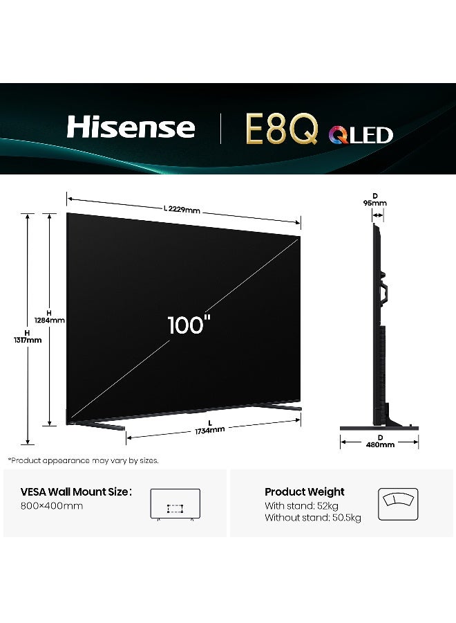 هايسنس تلفاز هاي سينس 100 بوصة QLED 144Hz الذكي E8Q - لون النقطة الكمومية، دولبي فيجن، دولبي أتموس، معزز الذكاء الاصطناعي 4K، التحكم الصوتي بدون استخدام اليدين، شريط الألعاب، AMD فري سينك بريميوم برو، يوتيوب، نتفليكس، ديزني+ 100E8Q (نسخة الإمارات 2025) - Image 2