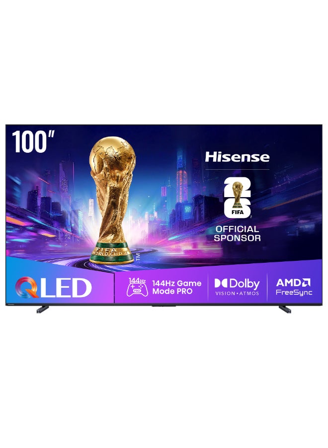 Hisense 100 inch QLED 144Hz Smart TV E8Q-Quantum Dot Colour,Dolby Vision, Dolby Atmos, AI 4K Upscaler, Hands Free Voice Control, Game Bar, AMD Freesync Premium Pro, Youtube, Netflix, Disney+ 100E8Q (2025 UAE Version) 100E8Q black