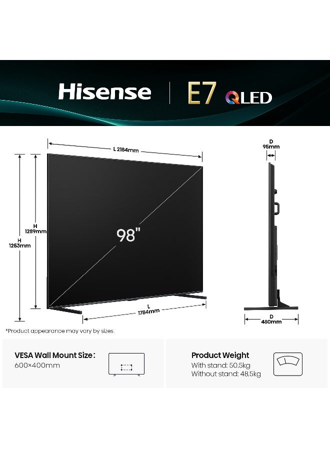 Hisense 98-inch QLED 144Hz Smart TV E7Q-Quantum Dot Colour, AI Picture, Dolby Vision, Dolby Atmos, Share to TV, Voice Control, Filmmaker Mode, Youtube, Netflix, Disney+ (2025 UAE Version) 98E7Q Black - Image 2