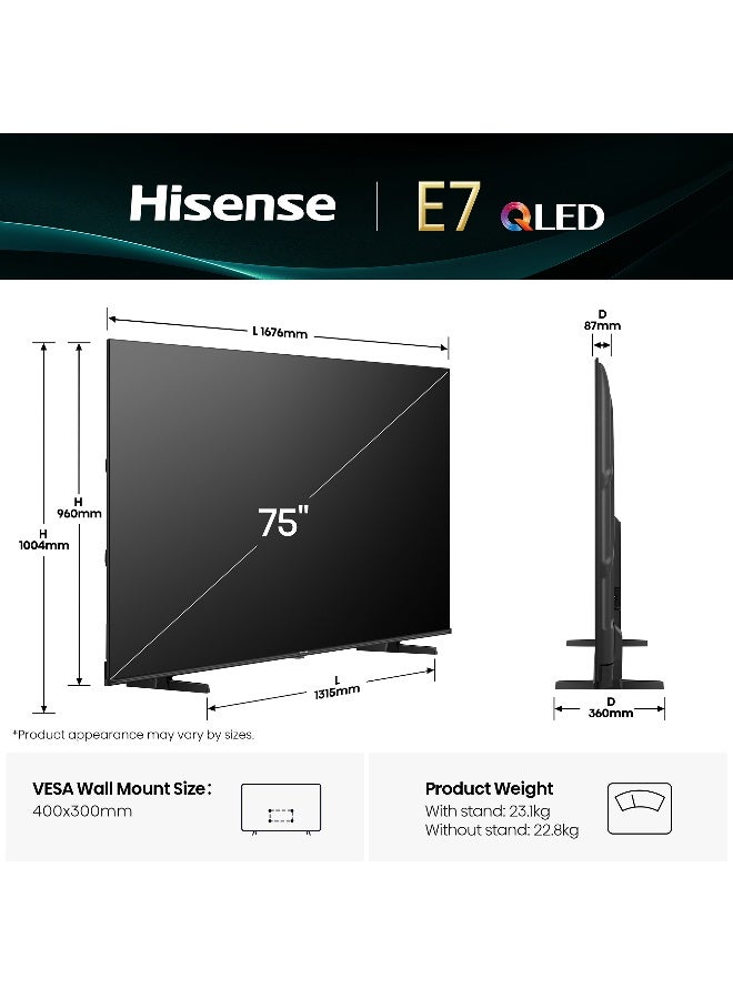 Hisense 75 inch QLED Smart TV E7Q-Quantum Dot Colour, AI Picture, Dolby Vision, Dolby Atmos, Share to TV, Voice Control, Filmmaker Mode, Youtube, Netflix, Disney+  75E7Q (2025 UAE Version) 75E7Q black - Image 2