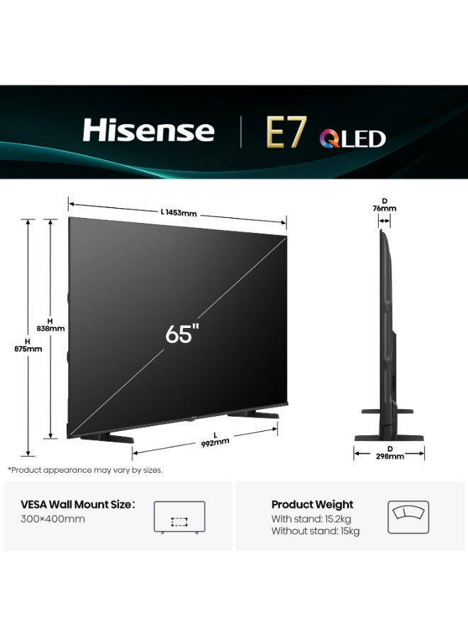 Hisense 65 inch QLED Smart TV E7Q-Quantum Dot Colour, AI Picture, Dolby Vision, Dolby Atmos, Share to TV, Voice Control, Filmmaker Mode, Youtube, Netflix, Disney+ (2025 UAE Version) 65E7Q Black - Image 2