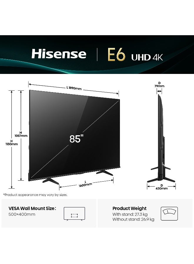 هايسنس تلفاز سمارت 85 بوصة من هايسنس UHD 4K E6Q - رؤية دولبي، معزز 4K بالذكاء الاصطناعي، شريط الألعاب، حركة سلسة مع MEMC، وضع الرياضة بالذكاء الاصطناعي، التحكم الصوتي، مشاركة إلى التلفاز، يوتيوب، نتفليكس، ديزني+، شاهد 85E6Q (نسخة الإمارات 2025) - Image 2