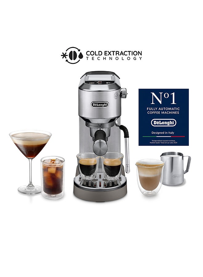 De'Longhi Dedica Duo EC890.M, Barista Coffee Machine with Pump, Espresso and Cold Brew, Manual Coffee Machine with LatteArt Steam Rod, 15 cm Wide, 2 Espresso, Touch Screen, Cup up to 13 cm, Metal 1 L 1450 W EC890.M Metal - Image 1