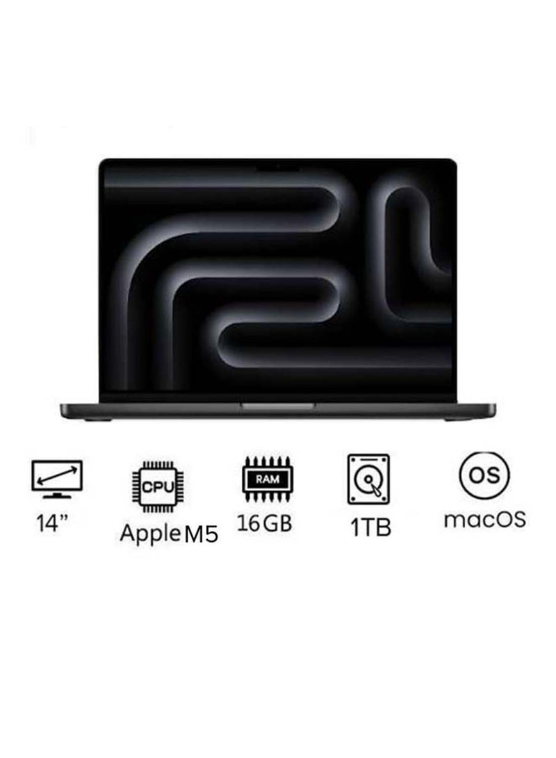 ابل  New M5 Macbook Pro 2025 MDE14 Laptop With 14‑inch XDR Retina Display, M5 chip with 10-core CPU, 10-core GPU Processor/16GB RAM/1TB SSD/MacOS English Space Black - Image 1