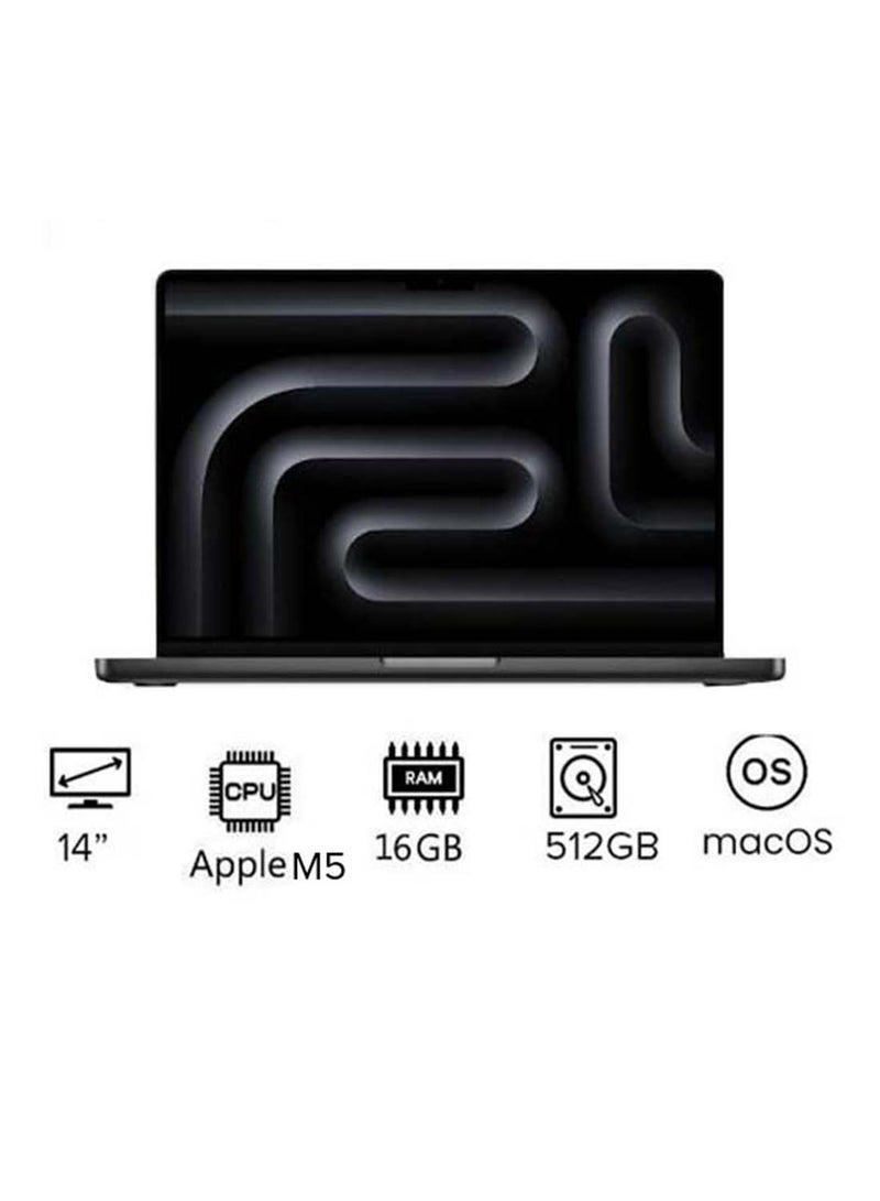 ابل  New M5 Macbook Pro 2025 MDE04 Laptop With 14‑inch XDR Retina Display, M5 chip with 10-core CPU, 10-core GPU Processor/16GB RAM/512GB SSD/MacOS/ International version English Space Black - Image 1