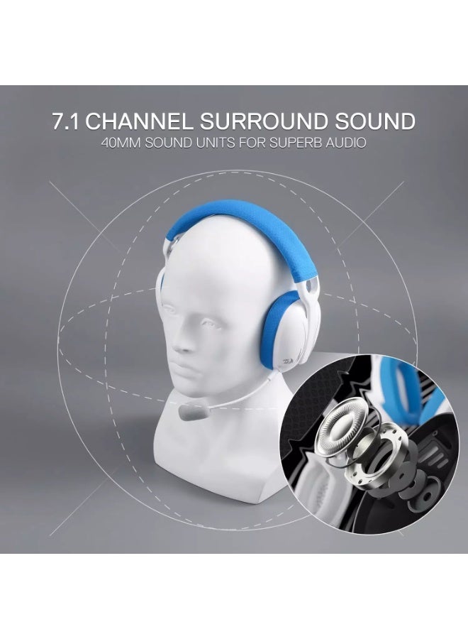 ريدراجون H878 3-Mode Wireless Blue Lighting Gaming Headset - Lightweight - 7.1 Surround Sound - 40MM Drivers - Detachable Microphone - Multi Platforms for PC, PS5/4/3, Switch, Mobile, White&Blue - Image 4