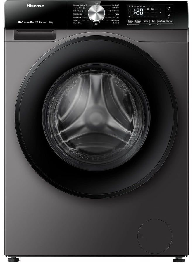 Hisense WF3S9043BT 3S Series 9 Kg Washing Machine with Inverter Motor, Smart WiFi, 1400 RPM, 15 Programs, Auto Wash, Titanium Grey WF3S9043BT black - Image 1