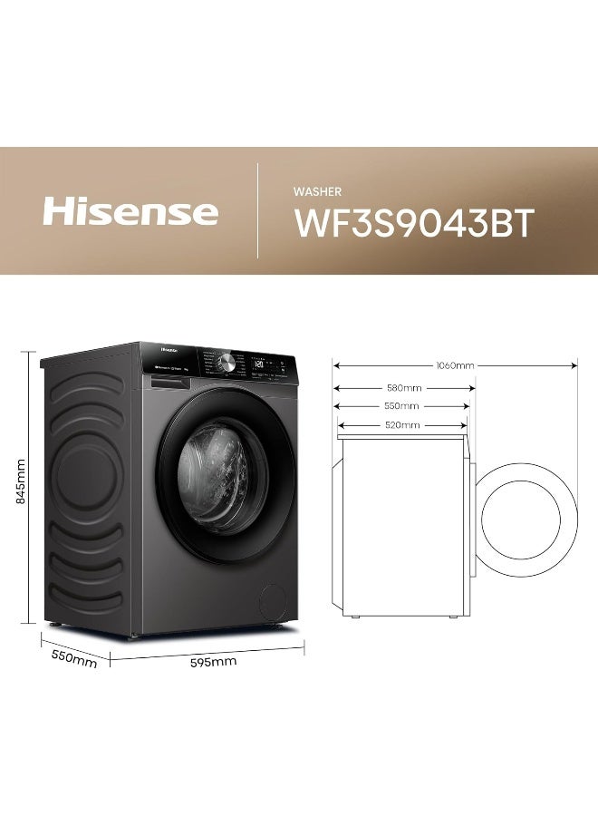 Hisense WF3S9043BT 3S Series 9 Kg Washing Machine with Inverter Motor, Smart WiFi, 1400 RPM, 15 Programs, Auto Wash, Titanium Grey WF3S9043BT black - Image 3