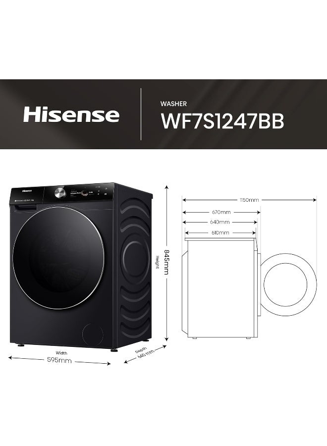 Hisense WF7S1247BB 7S Series 12 Kg Washing Machine with Inverter Motor, Smart WiFi, AI Super Wash Technology, 1400 RPM, Smart Energy Monitoring, 20 Programs, Auto Dosing System - Premium Black WF7S1247BB black - Image 2