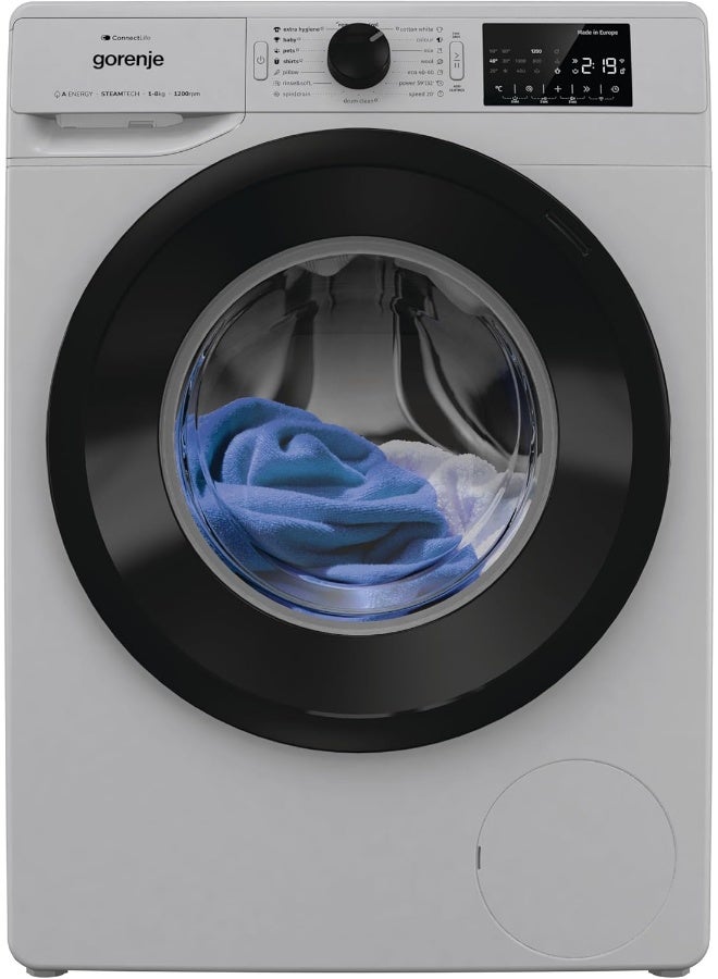 جورنجي غسالة ملابس أمامية Gorenje WPNEI82A1SWA سعة 8 كجم – تحكم ذكي عبر الواي فاي، 1200 دورة في الدقيقة، محرك عاكس، تقنية البخار، غسيل سريع وقوي، رمادي معدني - Image 1