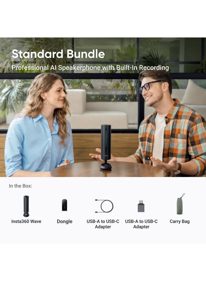 Insta360 Wave Standard Bundle | AI Noise-Cancelling Speakerphone, Full Duplex Audio with 8-Mics, 16 ft Voice Pickup, 32 GB Meeting Recorder, for Video Calls, Meetings, Conferences, Podcasts - Black Black - Image 2