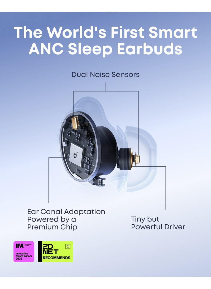 ساوند كور سماعات النوم A30 من أنكر، سماعات أذن ذكية لإلغاء الضوضاء النشطة، نظام تكيفي لإخفاء الشخير، راحة فائقة للذين ينامون على الجانب، 45 ساعة من وقت التشغيل - Image 3