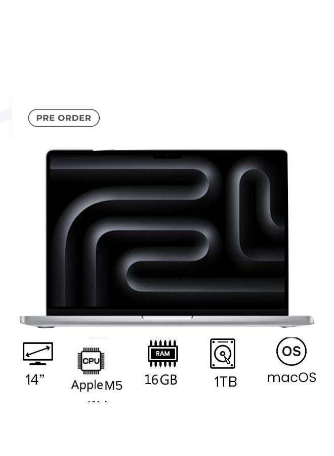 Apple New M5 Macbook Pro 2025 Laptop With 14‑inch XDR Retina Display, M5 chip with 10-core CPU, 10-core GPU Processor/16GB RAM/1TB SSD/MacOS English/Arabic silver - Image 1