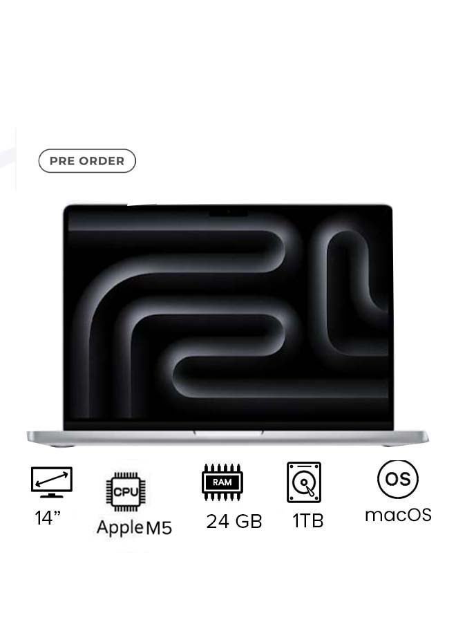 Apple New M5 Macbook Pro 2025 Laptop With 14‑inch XDR Retina Display, M5 chip with 10-core CPU, 10-core GPU Processor/24GB RAM/1TB SSD/MacOS English/Arabic silver - Image 1