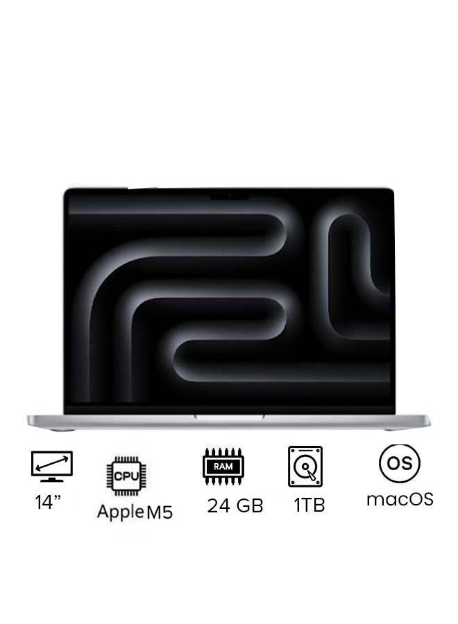 Apple New M5 Macbook Pro 2025 Laptop With 14‑inch XDR Retina Display, M5 chip with 10-core CPU, 10-core GPU Processor/24GB RAM/1TB SSD/MacOS English/Arabic silver - Image 1