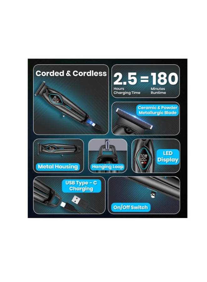 VGR V-945 Professional Metal Body Digital Display 7000RPM Ceramic & Powder Metallurgic blade Pro Li Outliner Electric Cordless Clipper Grooming Kit T-Blade Close Cutting 0mm Bald Head 180 min Black - Image 3