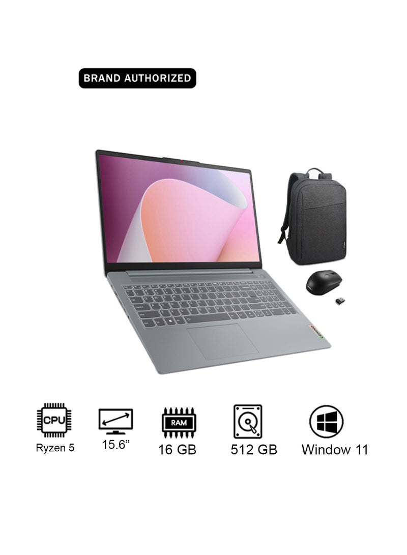 لينوفو IdeaPad Slim 3 Laptop With 15.6-Inch Full HD Display,AMD Ryzen 5 5625U Processor/16GB RAM/512GB SSD/AMD Radeon Graphics/Windows 11 Home With Backpack & Mouse Arctic Grey - Image 1