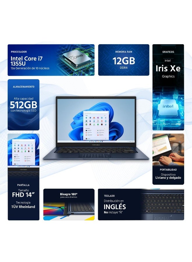 أسوس (Upgraded Version) Vivobook 14 (2025) -13th Gen Laptop - Intel Core i7-1355U / 14inch FHD Display / 12GB RAM / 512GB SSD / Intel UHD Graphics / Wi-Fi 5 / Windows 11 Home / Quiet Blue English/Arabic Quiet Blue - Image 2