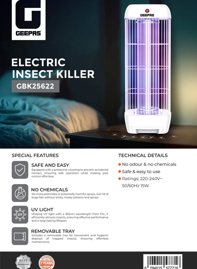 جيباس قاتل الحشرات الكهربائي 15 واط ضوء UV طارد البعوض والحشرات | مع صينية قابلة للإزالة | بدون مواد كيميائية، آمن وسهل الاستخدام | GBK25622 أبيض - Image 3
