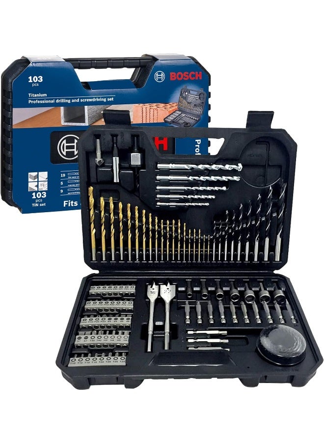 بوش 103 Piece Professional Titanium Drilling And Screwdriving Set, Mixed Accessory Tools Set, Black 2608594070 - Image 1