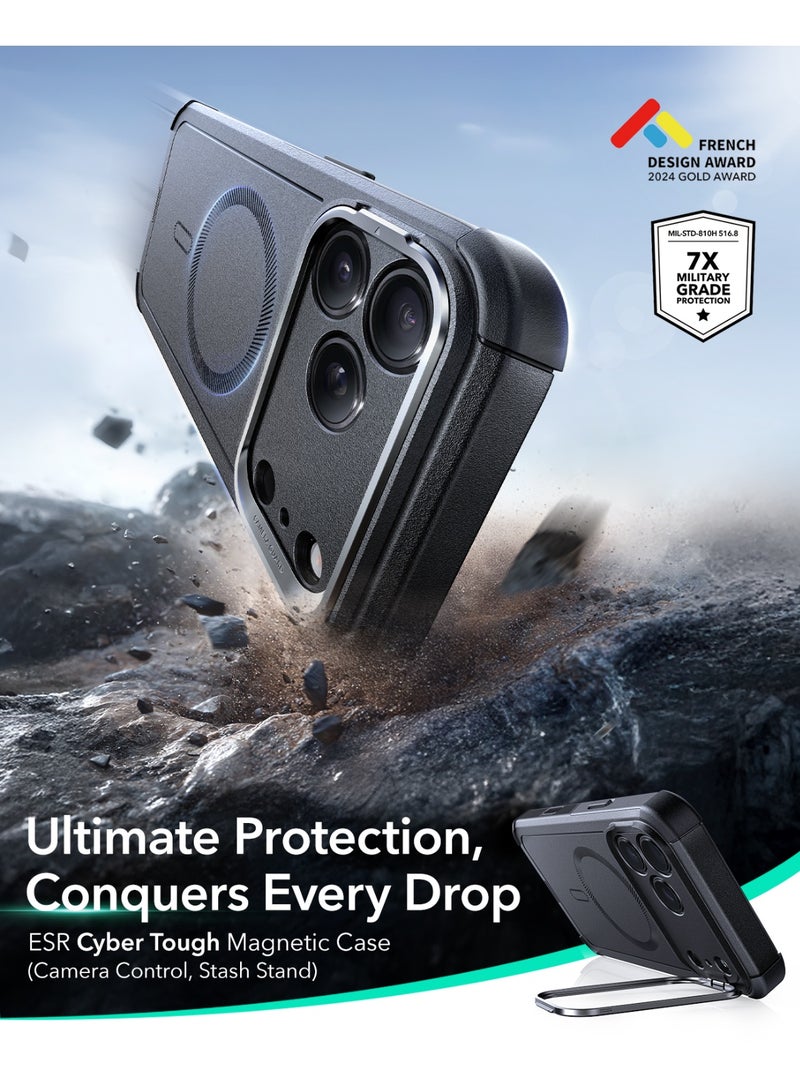 ESR For iPhone 17 Pro Max Case with Stash Stand, 7X Military-Grade Drop Protection with Camera Control, Shock-Absorbing Phone Rugged Cover, Compatible with MagSafe Accessories, Cyber Series - Black - Image 2