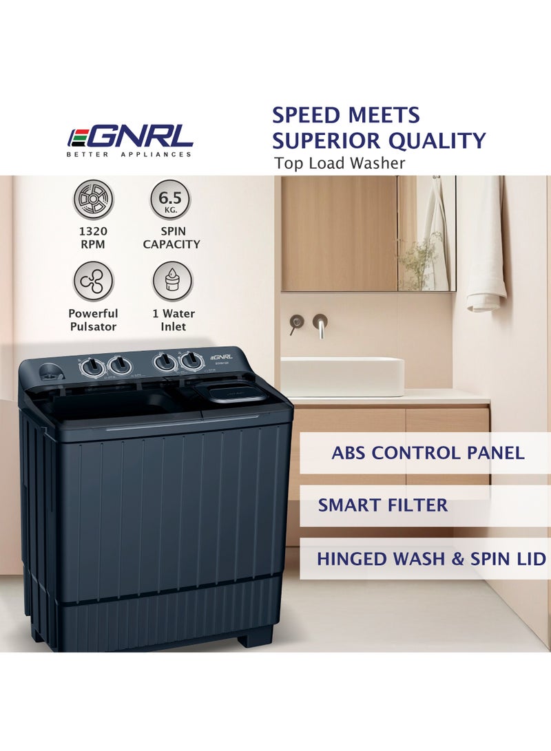 EGNRL 14 kg Wash/ 6.5 KG Spin Semi- Automatic Twin Tub Washing Machine, 2025 New Model | More Efficient Spin Dry, Powerful Pulsator & Low Noise Motor| Dark Grey (1 Year Brand Warranty) 700 W EGWM1500 Dark Grey 14 kg 700 W EGWM1500 Dark Grey - Image 3