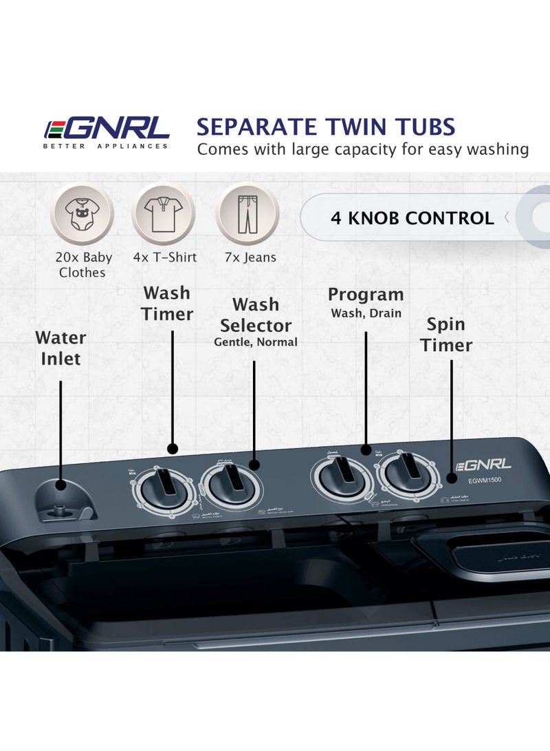 EGNRL 14 kg Wash/ 6.5 KG Spin Semi- Automatic Twin Tub Washing Machine, 2025 New Model | More Efficient Spin Dry, Powerful Pulsator & Low Noise Motor| Dark Grey (1 Year Brand Warranty) 700 W EGWM1500 Dark Grey 14 kg 700 W EGWM1500 Dark Grey - Image 4