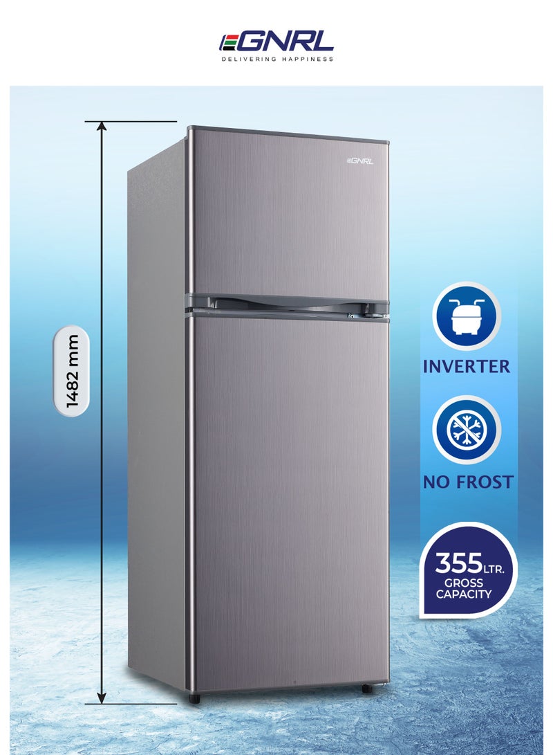 اغنرل ثلاجة مزدوجة الباب بسعة إجمالية 355 لتر/صافية 186 لتر، بدون صقيع، EGR355S | تدفق هواء متعدد، توفير الطاقة وهدوء منخفض | مقبض مدمج، R600A، مكثف داخلي، لون إنوكس داكن، ضمان سنة واحدة - Image 1