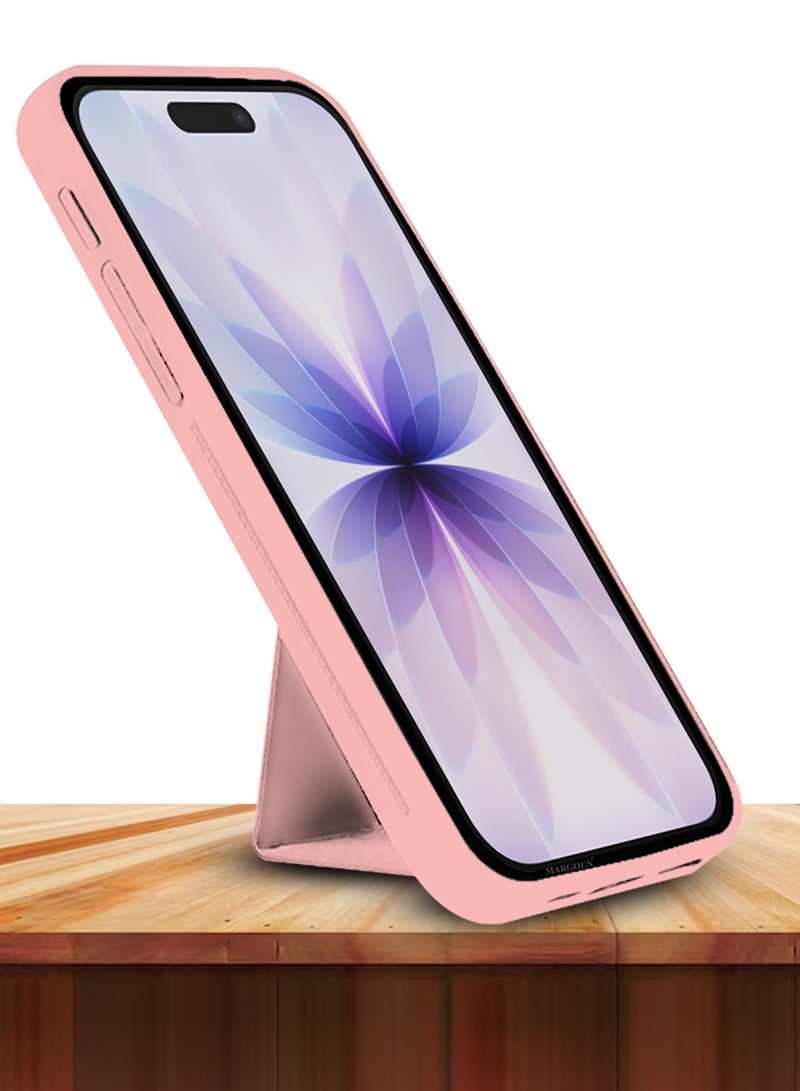 مارجون Premium PU Leather Case for iPhone 17 with Stand Function Shockproof and Anti Scratch Finger Grip Pink-1 - Image 5