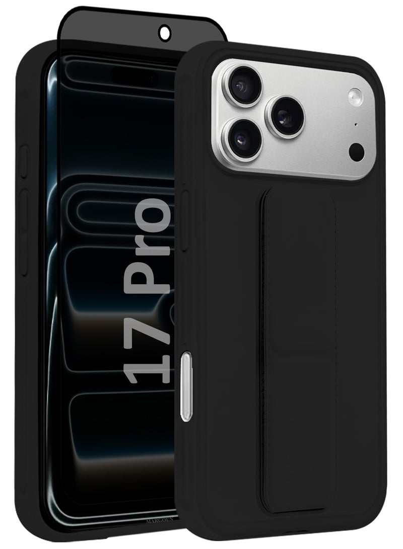 MARGOUN 2 Packs Premium PU Leather Case for iPhone 17 Pro with Stand Function Shockproof and Anti Scratch Finger Grip with Privacy Screen Protector Black-4 - Image 2