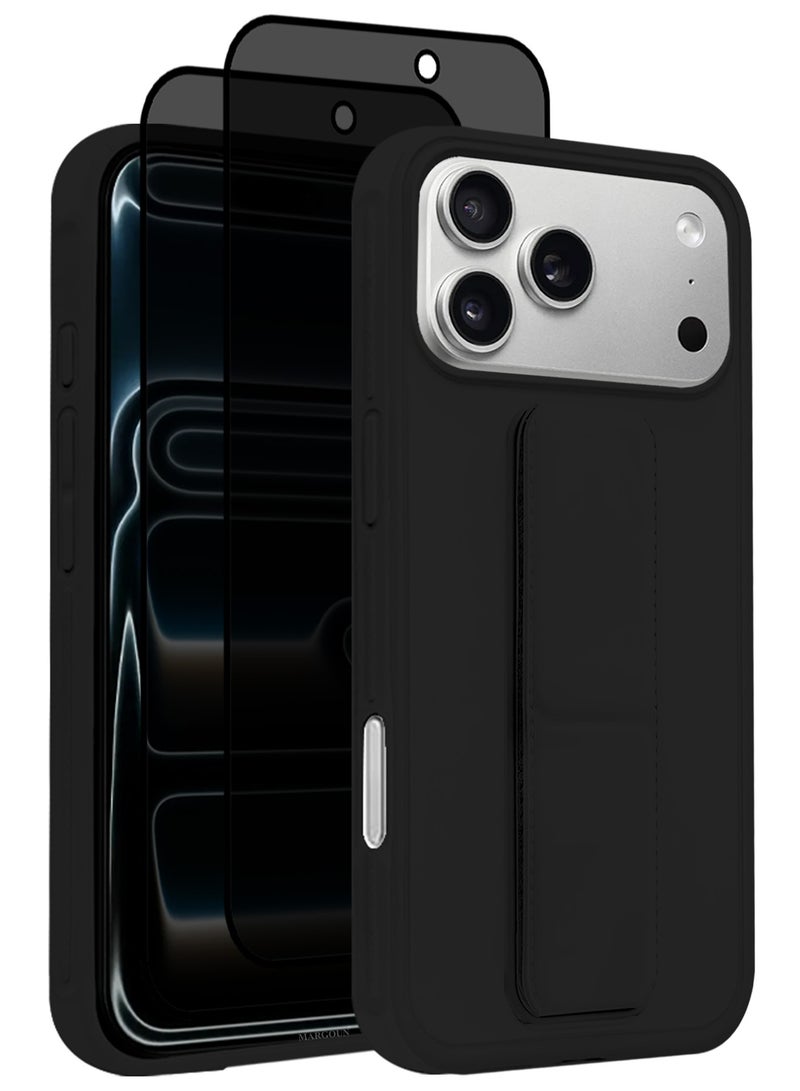 مارجون 3 Packs Premium PU Leather Case for iPhone 17 Pro with Stand Function Shockproof and Anti Scratch Finger Grip with Two Privacy Screen Protector Black-5 - Image 2