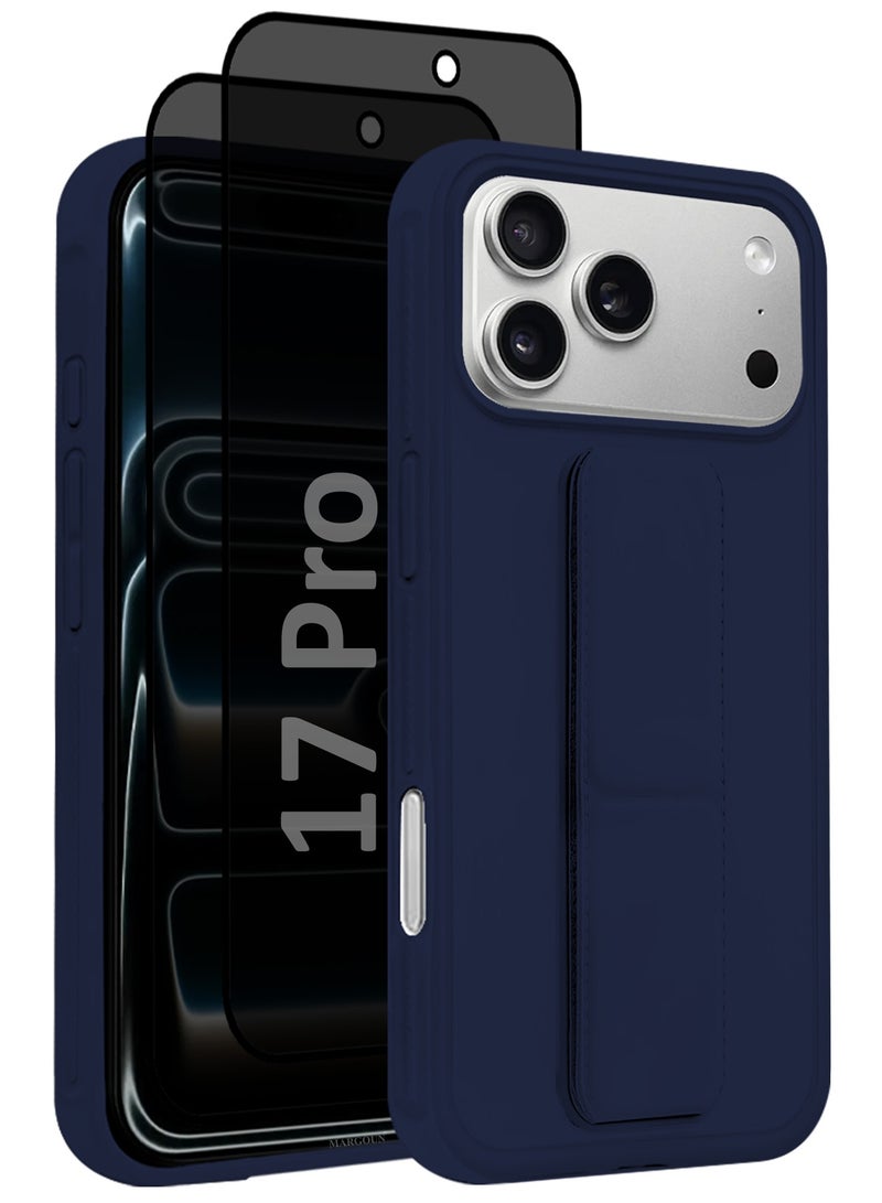 مارجون 3 Packs Premium PU Leather Case for iPhone 17 Pro with Stand Function Shockproof and Anti Scratch Finger Grip with Two Privacy Screen Protector Dark Blue-5 - Image 2