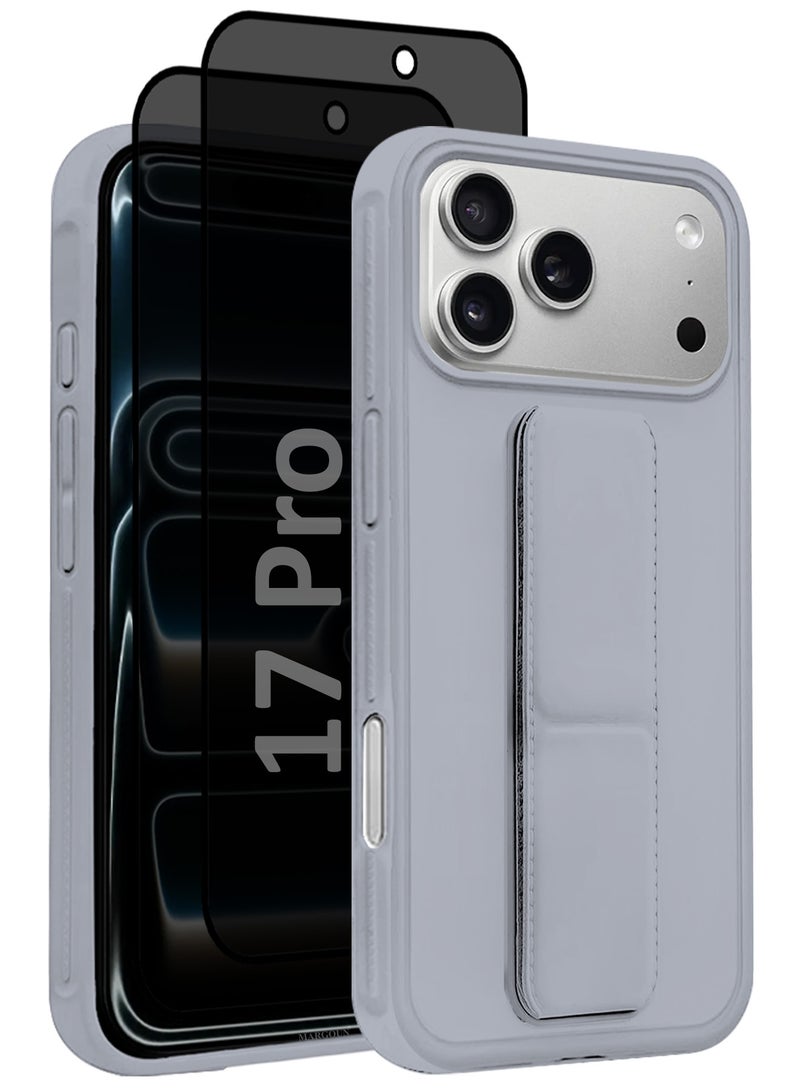 MARGOUN 3 Packs Premium PU Leather Case for iPhone 17 Pro with Stand Function Shockproof and Anti Scratch Finger Grip with Two Privacy Screen Protector Grey-5 - Image 2