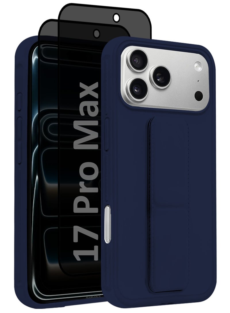 MARGOUN 3 Packs Premium PU Leather Case for iPhone 17 Pro Max with Stand Function Shockproof and Anti Scratch Finger Grip with Two Privacy Screen Protector- Dark Blue-5 - Image 2