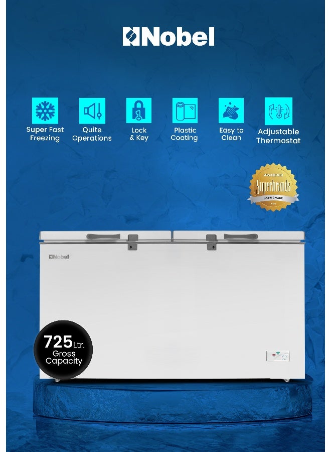 Nobel Chest Freezer 500L Net / 725L Gross – Double Door, R290 Refrigerant, Lock & Key, Metal Basket, - NCF725 (1 Year Warranty) 725 L 400 W NCF725 white - Image 1