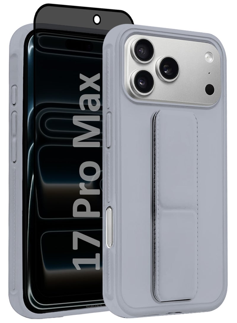 MARGOUN 2 Packs Premium PU Leather Case for iPhone 17 Pro Max with Stand Function Shockproof and Anti Scratch Finger Grip with Privacy Screen Protector - Grey-4 - Image 2