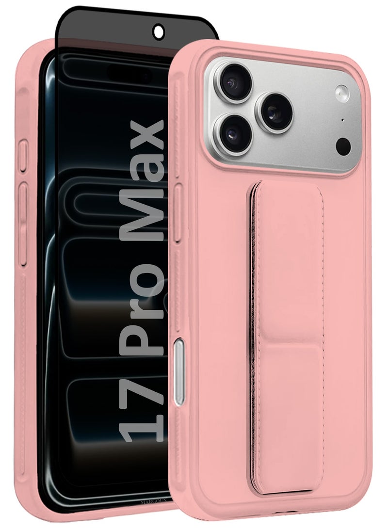 MARGOUN 2 Packs Premium PU Leather Case for iPhone 17 Pro Max with Stand Function Shockproof and Anti Scratch Finger Grip with Privacy Screen Protector - Pink-4 - Image 2