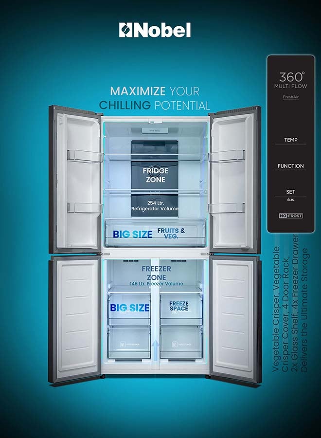 نوبل Nobel 4-Door 650L Gross / 400L Net Refrigerator Inverter, No Frost, Multi Air Flow, LED, Tropical Cooling, Freezer Drawers, Glass Shelves - NR650 (1 Year Warranty) 600 W NR650 grey - Image 3